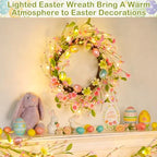 Timer - 20 Inch Easter Wreaths for Front Door Easter Decorations, Easter Wreath with 20 LED Lights Colorful Eggs, alternate