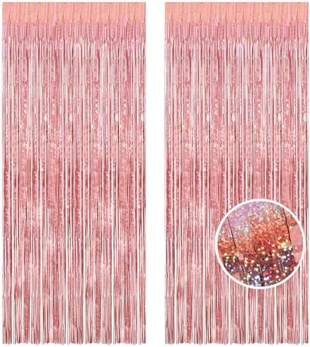 Tinsel Backdrop, Rose Gold Foil Fringe Curtains | 2 Pack in 3.2x8.2ft in Light Rose Gold