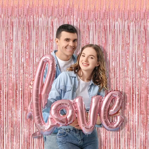 Tinsel Backdrop, Rose Gold Foil Fringe Curtains | 2 Pack in 3.2x8.2ft in Light Rose Gold, alternate view 2