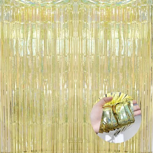 Tinsel Fringe Backdrop Gold Party Decorations 2 Pack in 3.2x8.2ft in Light Gold
