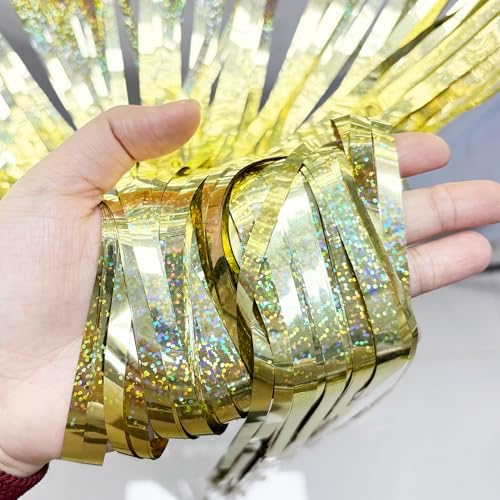 Tinsel Fringe Backdrop Gold Party Decorations 2 Pack in 3.2x8.2ft in Light Gold, alternate view 2