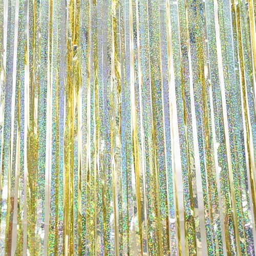 Tinsel Fringe Backdrop Gold Party Decorations 2 Pack in 3.2x8.2ft in Light Gold, alternate view 4