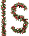 Total 11.2FT Christmas Garland for Mantle, 2PCS Flexible Red Berry Garland with Leaves, Artificial Garlands for