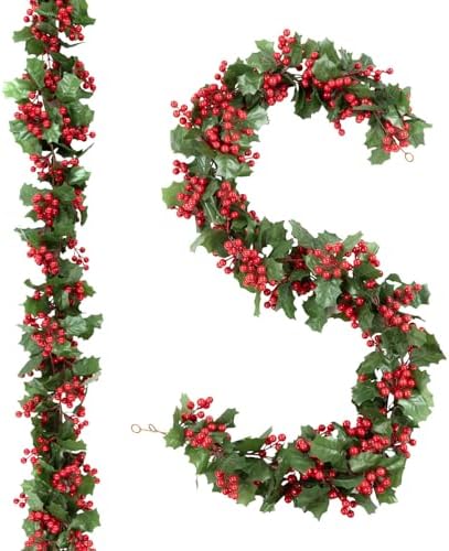 Total 11.2FT Christmas Garland for Mantle, 2PCS Flexible Red Berry Garland with Leaves, Artificial Garlands for
