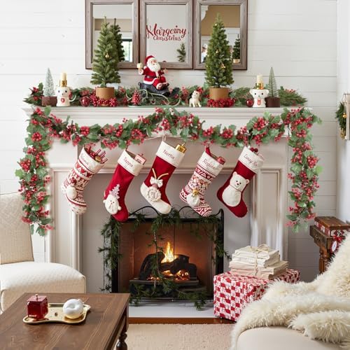 Total 11.2FT Christmas Garland for Mantle, 2PCS Flexible Red Berry Garland with Leaves, Artificial Garlands for, alternate