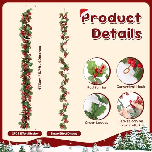 Total 11.2FT Christmas Garland for Mantle, 2PCS Flexible Red Berry Garland with Leaves, Artificial Garlands for, alternate