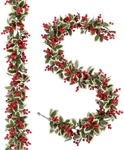 Total 11.6FT Christmas Garland for Mantle, 2PCS Flexible Red Berry Garland with Leaves, Artificial Garlands for