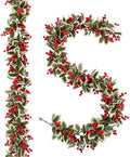 Total 11.6FT Christmas Garland for Mantle, 2PCS Flexible Red Berry Garland with Leaves, Artificial Garlands for