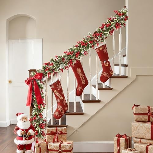 Total 11.6FT Christmas Garland for Mantle, 2PCS Flexible Red Berry Garland with Leaves, Artificial Garlands for, alternate