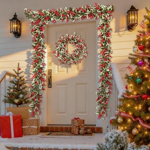 Total 11.6FT Christmas Garland for Mantle, 2PCS Flexible Red Berry Garland with Leaves, Artificial Garlands for, alternate