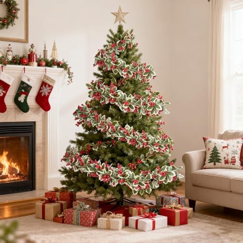 Total 11.6FT Christmas Garland for Mantle, 2PCS Flexible Red Berry Garland with Leaves, Artificial Garlands for, alternate