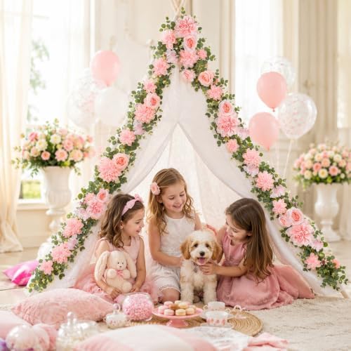 Total 12.4Ft Artificial Flowers Garlands for Decoration, Pink in Pink, alternate view 2