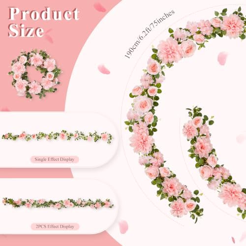 Total 12.4Ft Artificial Flowers Garlands for Decoration, Pink in Pink, alternate view 5