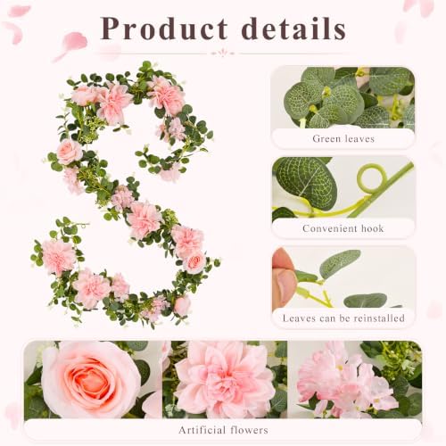 Total 12.4Ft Artificial Flowers Garlands for Decoration, Pink in Pink, alternate view 6