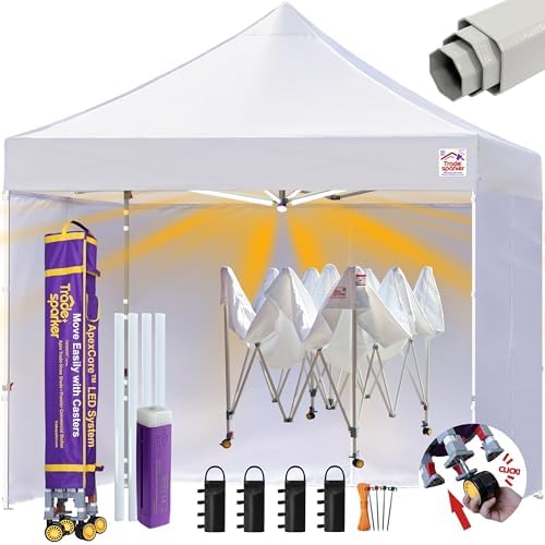 Tradesparker 10x10 Pop Up Tent with Sidewalls, Commercial Movable Canopy ApexCore LED & Rugged Casters-Instant