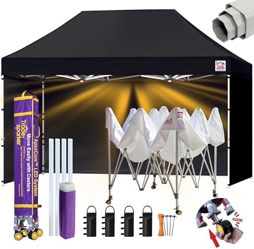 Tradesparker 10x15 Pop Up Tent with Sidewalls, Commercial Movable Canopy ApexCore LED & Rugged Casters-Instant