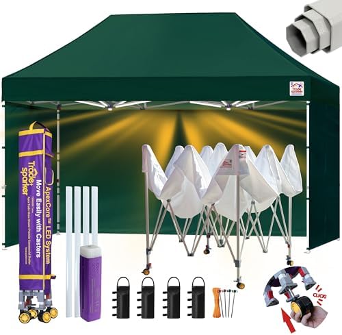 Tradesparker 10x15 Pop Up Tent with Sidewalls, Commercial Movable Canopy ApexCore LED & Rugged Casters-Instant