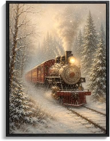 Train Framed Christmas Wall Art, Winter Snowy Forest Canvas Pictures