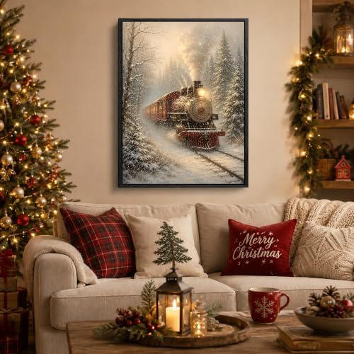 Train Framed Christmas Wall Art, Winter Snowy Forest Canvas Pictures, alternate view 2