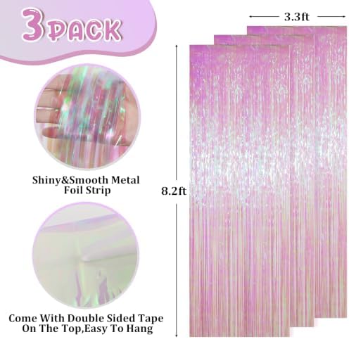 Transparent Foil Fringe Backdrop Curtains, 3.3x8.2ft, 3 Pack in 39.6" × 98.4" in 11 Iridescent, alternate view 3