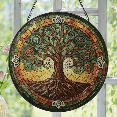 Tree of Life Suncatcher -7.9 in Stained Glass Window Hanging Sun Catcher Garden Decor, alternate view 2