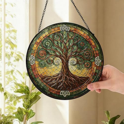 Tree of Life Suncatcher -7.9 in Stained Glass Window Hanging Sun Catcher Garden Decor, alternate view 4