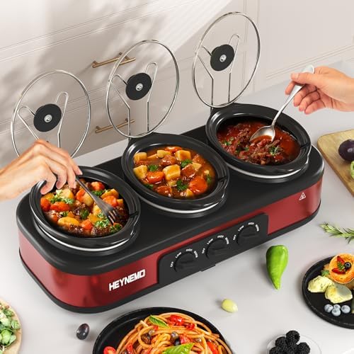 Triple Slow Cooker Buffet Server, 3 x1.5 QT Triple Ceramic Pots Food Warmer with Individual Temp Controls, alternate view 2
