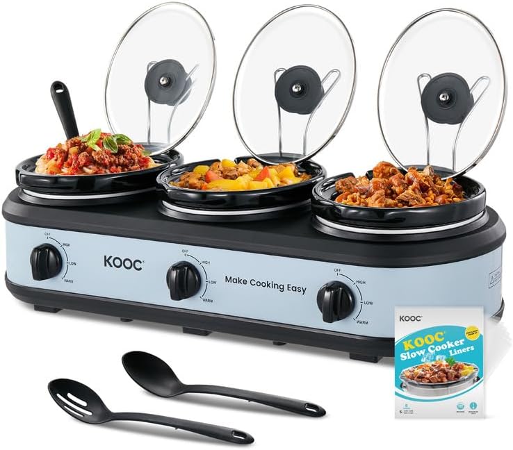 Triple Slow Cooker Buffet Server and Food Warmer 3x1.5 Quart Individual Temp Control With Lid Rests & Spoons