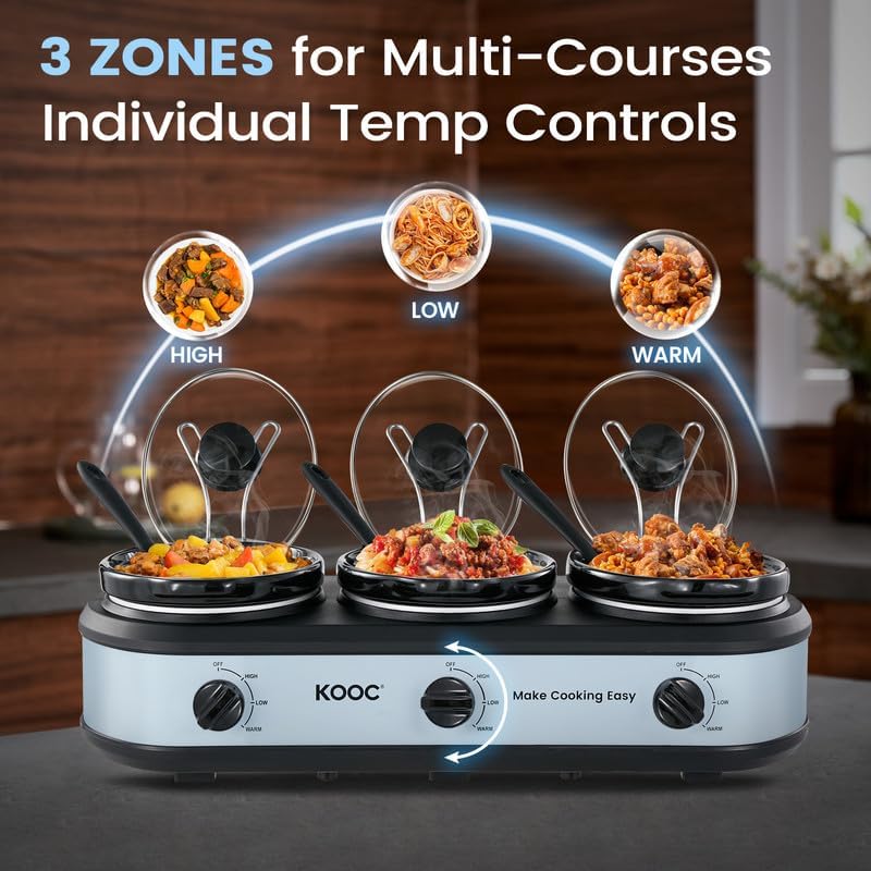 Triple Slow Cooker Buffet Server and Food Warmer 3x1.5 Quart Individual Temp Control With Lid Rests & Spoons, alternate view