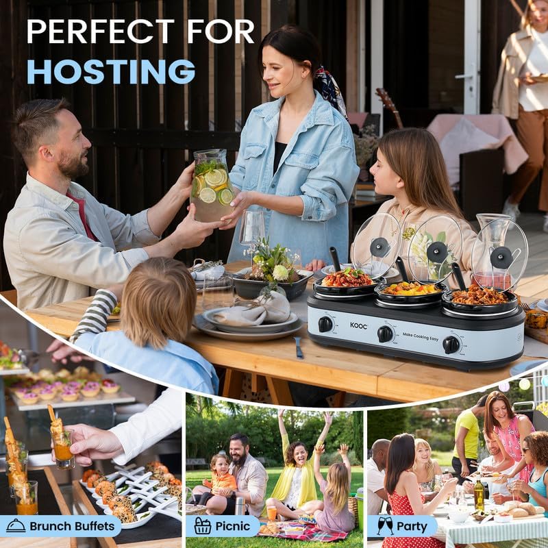 Triple Slow Cooker Buffet Server and Food Warmer 3x1.5 Quart Individual Temp Control With Lid Rests & Spoons, alternate view