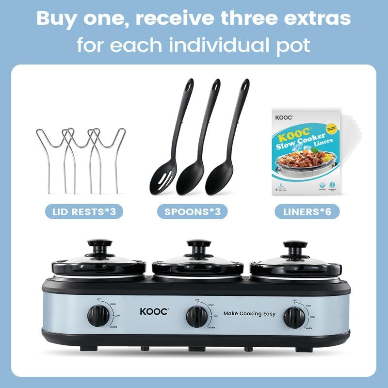 Triple Slow Cooker Buffet Server and Food Warmer 3x1.5 Quart Individual Temp Control With Lid Rests & Spoons, alternate view