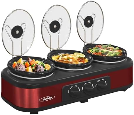 Triple Slow Cooker Buffet Servers and Warmer,3 Pot Food Small Mini Manual Slow Cooker with Adjustable Temp