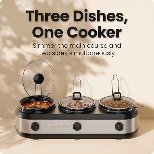 Triple Slow Cooker & Food Warmer, Three Crock Slowcooker with 2.5 Qt. Ceramic Crocks, 7.5-Quart Total Capacity, alternate