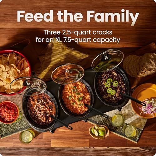 Triple Slow Cooker & Food Warmer, Three Crock Slowcooker with 2.5 Qt. Ceramic Crocks, 7.5-Quart Total Capacity, alternate