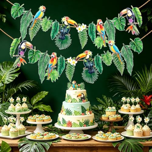 Tropical Banner Hawaiian Garland 2 Pack 6.6FT, Luau Party Decorations, Hawaiian Decorations with Palm Leaves &, alternate