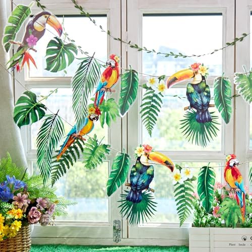 Tropical Banner Hawaiian Garland 2 Pack 6.6FT, Luau Party Decorations, Hawaiian Decorations with Palm Leaves &, alternate