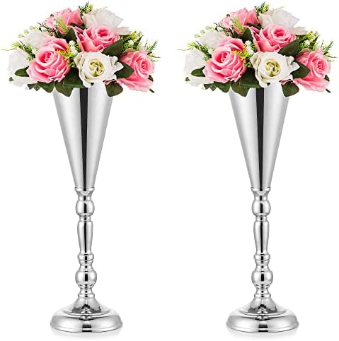 Trumpet Vase for Wedding Centerpiece: Silver, 16.5in, 2 Pcs in Silver