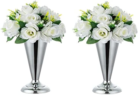 Trumpet Vase for Wedding Centerpiece: Silver, 9.8in, Set of 2 in Silver