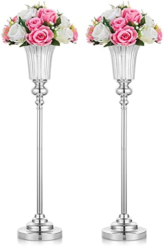 Trumpet Vases Centerpiece Stand, 26.7" Tall, Metal, Silver, 2 Pcs in Silver