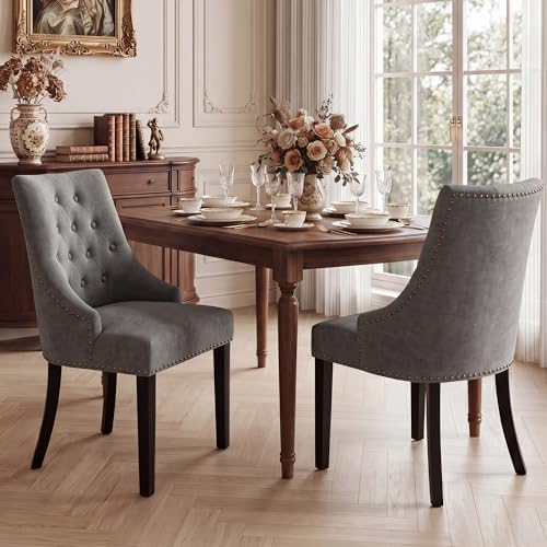 Tufted Dining Chairs Set of 2, Modern Upholstered Accent Chairs with Nailhead Trim, High Back Solid Wood Leg
