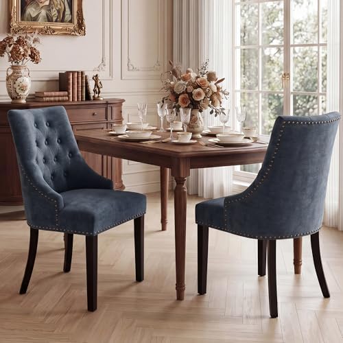 Tufted Dining Chairs, Upholstered Accent Chairs with Nailhead Trim Solid Wood Legs for Kitchen & Dining Room, alternate view