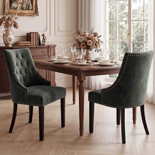 Tufted Dining Chairs, Upholstered Accent Chairs with Nailhead Trim Solid Wood Legs for Kitchen & Dining Room, alternate view