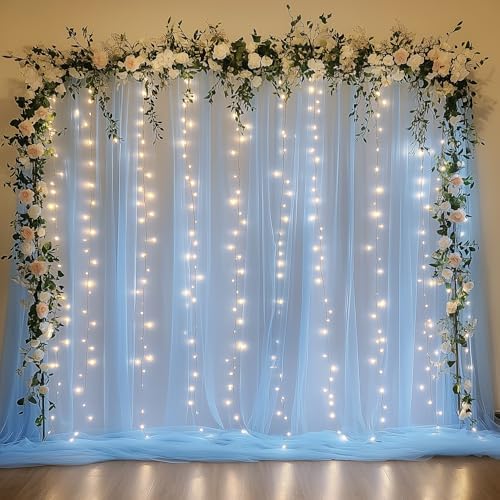 Tulle Backdrop Curtain with Lights 10x10FT Baby Blue Sheer Curtains in 10x10FT
