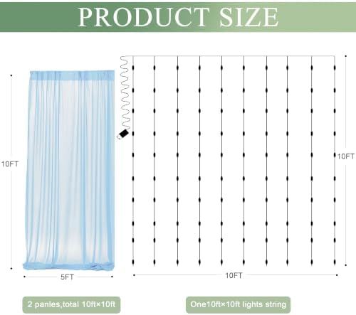 Tulle Backdrop Curtain with Lights 10x10FT Baby Blue Sheer Curtains in 10x10FT, alternate view 2