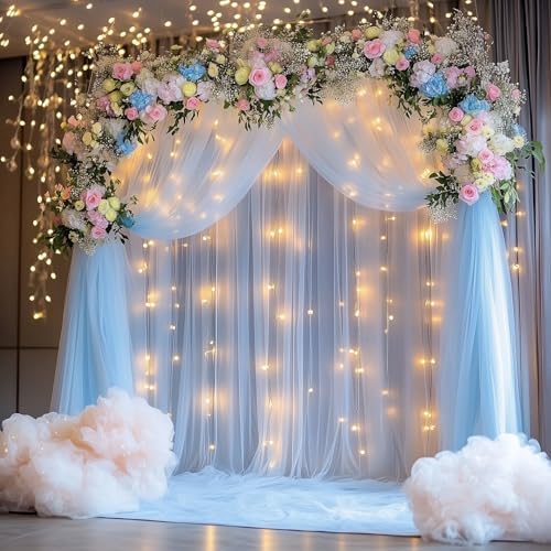 Tulle Backdrop Curtain with Lights 10x10FT Baby Blue Sheer Curtains in 10x10FT, alternate view 6