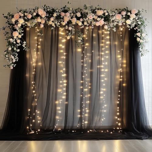 Tulle Backdrop Curtain with Lights 10x10FT Black Sheer Curtains in 10x10FT