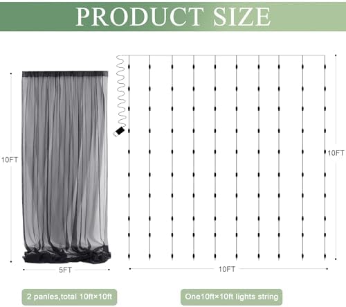 Tulle Backdrop Curtain with Lights 10x10FT Black Sheer Curtains in 10x10FT, alternate view 2