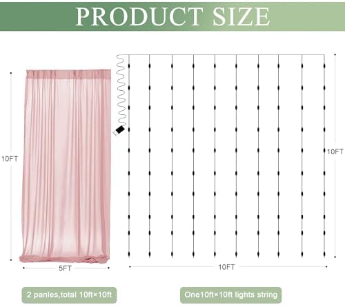 Tulle Backdrop Curtain with Lights 10x10FT Dusty Rose Sheer Curtains in 10x10FT, alternate view 2