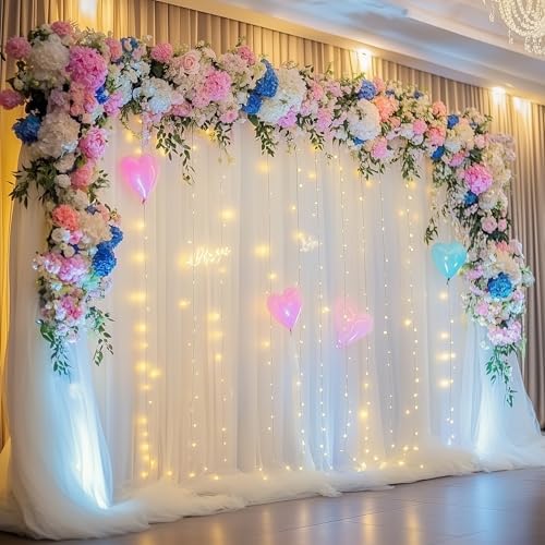 Tulle Backdrop Curtain with Lights 10x10FT Ivory Sheer Tulle Curtain in 10x10FT, alternate view 7