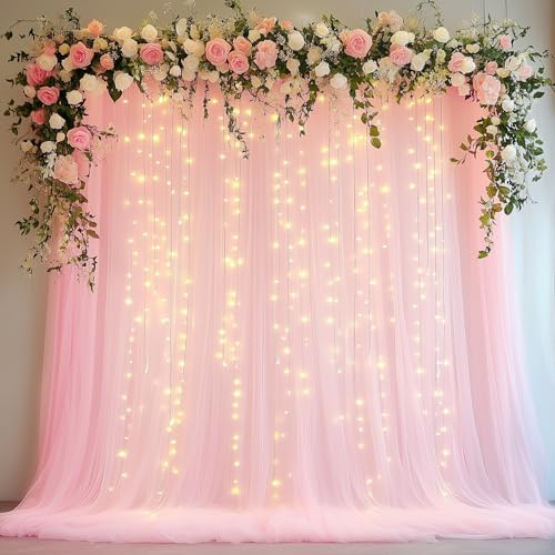 Tulle Backdrop Curtain with Lights 10x10FT Pink Sheer Tulle Curtains in 10x10FT